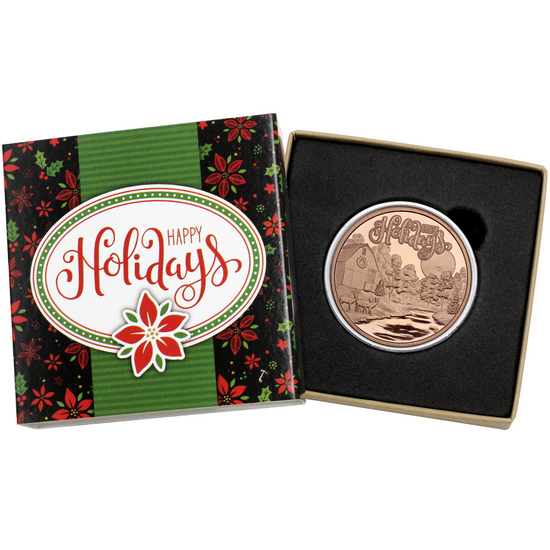 Happy Holidays Moonlit Creek Farm Scene 1 AVDP Ounce Fine Copper Medallion in Gift Box