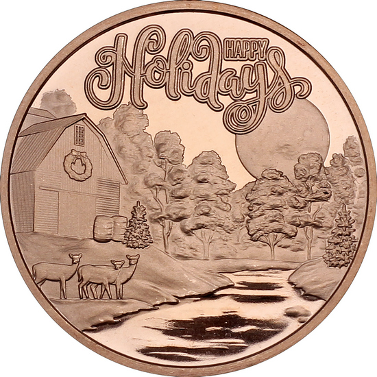 Happy Holidays Moonlit Creek Farm Scene 1 AVDP Ounce Fine Copper Medallion in Gift Box Happy Holidays Moonlit Creek Farm Scene 1 AVDP Ounce Fine Copper Medallion in Gift Box