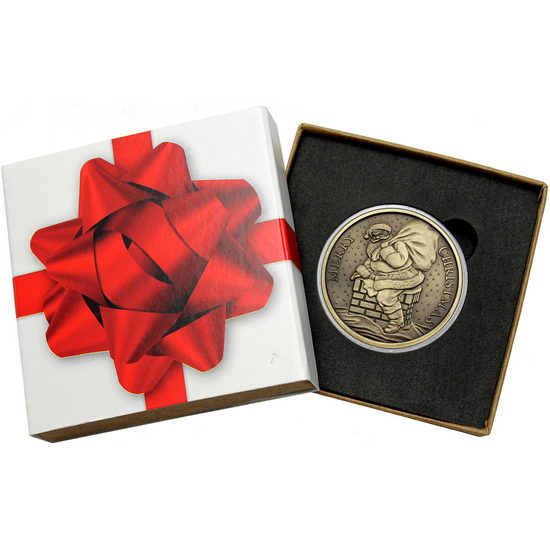 Merry Christmas Santa Down the Chimney Antiqued Bronze Medallion in Gift Box