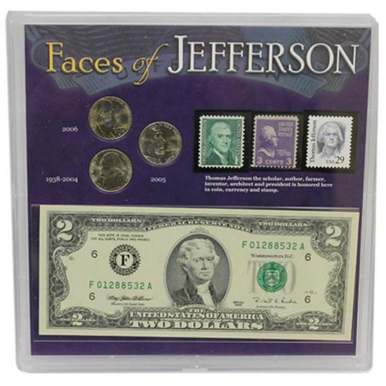 Faces of Jefferson Nickels Stamps and $2 Bill