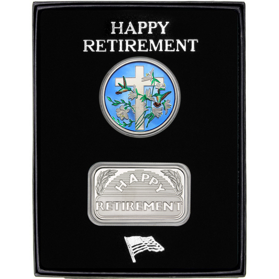 Retirement Year Happy Retirement Silver Bar and Enameled Religious Cross Medallion 2pc Gift Set