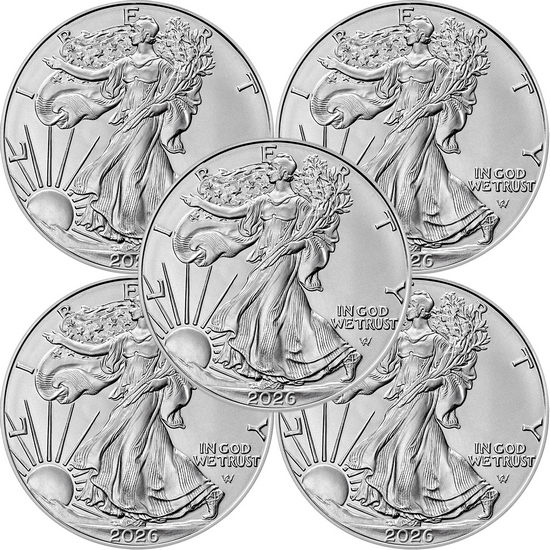 2026 Silver American Eagle BU Coin 5 Piece Lot in Flips