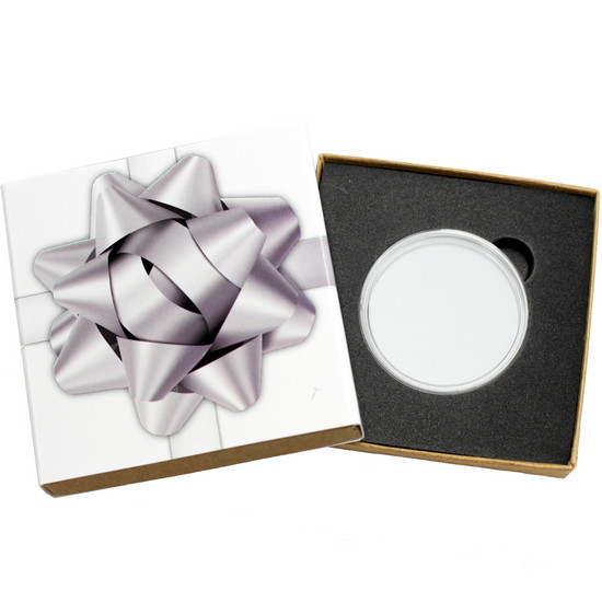 SilverTowne Natural Kraft Paper Gift Box with Silver Bow Box Sleeve and Fitted Capsule for Morgan/Peace Silver Dollars