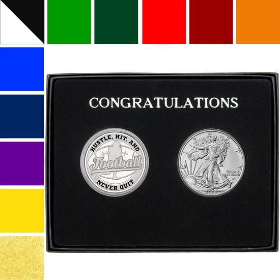 Congratulations Football Custom Enameled Silver Medallion and Silver American Eagle 2pc Gift Set Congratulations Football Custom Enameled Silver Medallion and Silver American Eagle 2pc Gift Set
