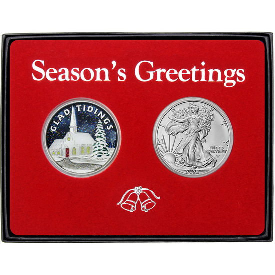Season's Greetings Glad Tidings Church Enameled Silver Medallion and Silver American Eagle 2pc Box Gift Set