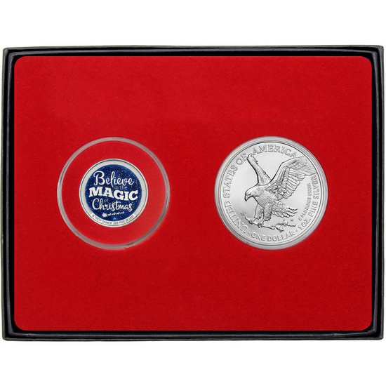 Season's Greetings Santa Believe Half Ounce Enameled Silver Medallion and Silver American Eagle 2pc Box Gift Set Season's Greetings Santa Believe Half Ounce Enameled Silver Medallion and Silver American Eagle 2pc Box Gift Set