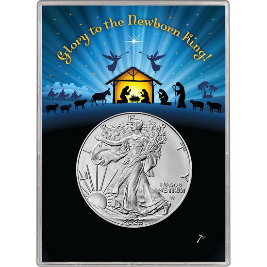 2025 Silver American Eagle BU in Christmas Nativity Gift Holder