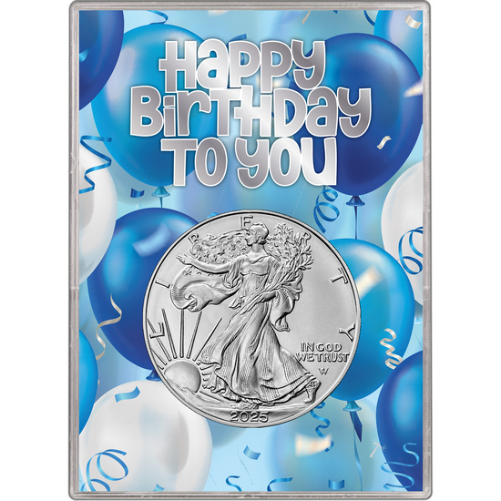 2025 Silver American Eagle BU in Happy Birthday to You Blue Balloons Gift Holder
