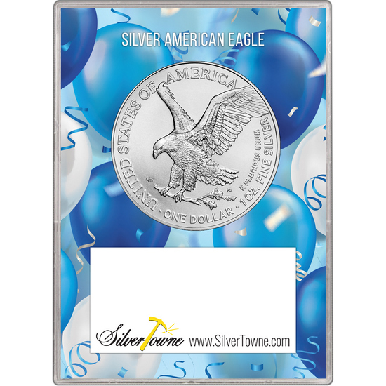 2026 Silver American Eagle BU in Happy Birthday to You Blue Balloons Gift Holder