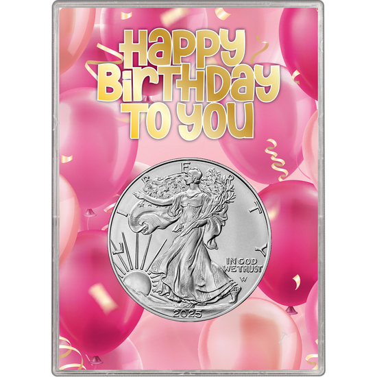 2025 Silver American Eagle BU in Happy Birthday to You Pink Balloons Gift Holder