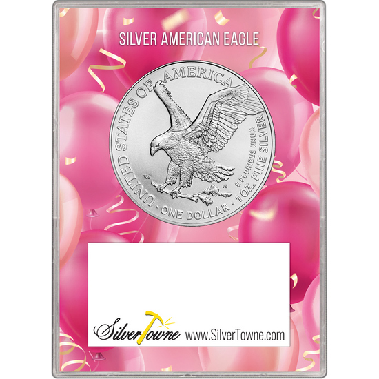 2026 Silver American Eagle BU in Happy Birthday to You Pink Balloons Gift Holder