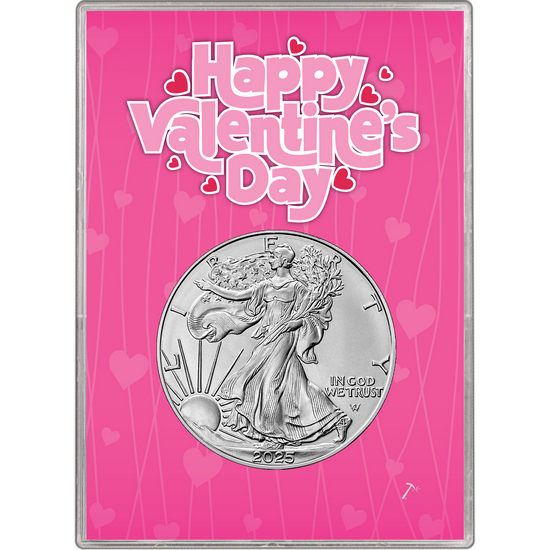 2025 Silver American Eagle BU in Hot Pink Happy Valentine's Day Gift Holder