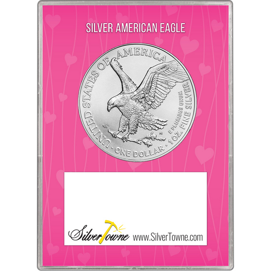 2025 Silver American Eagle BU in Hot Pink Happy Valentine's Day Gift Holder 2025 Silver American Eagle BU in Hot Pink Happy Valentine's Day Gift Holder