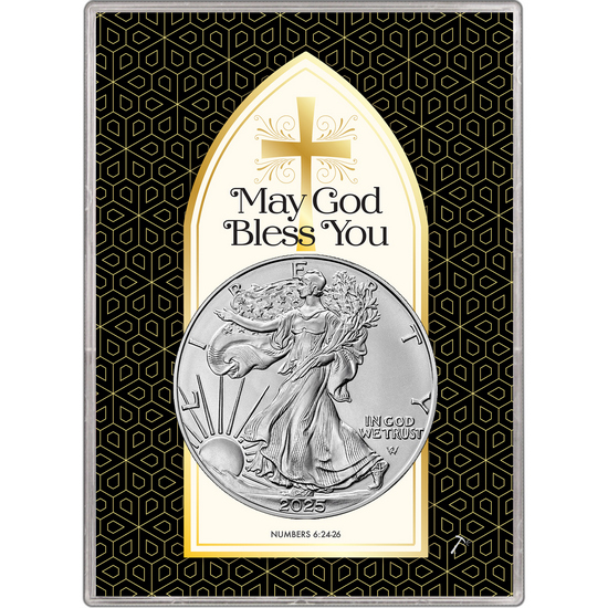 2025 Silver American Eagle BU in May God Bless You Gift Holder