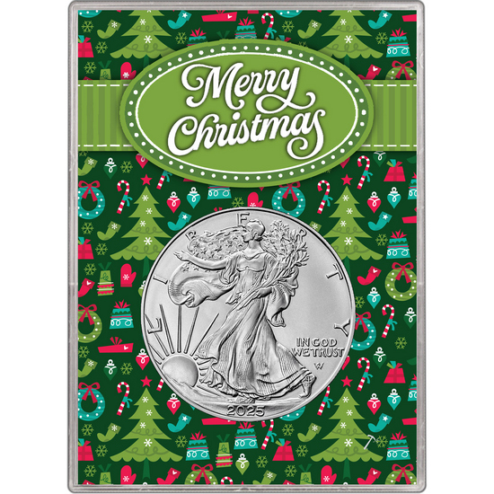 2025 Silver American Eagle BU in Green Merry Christmas Symbols Gift Holder