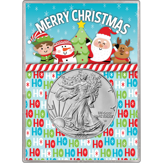2025 Silver American Eagle BU in HoHoHo Merry Christmas Gift Holder