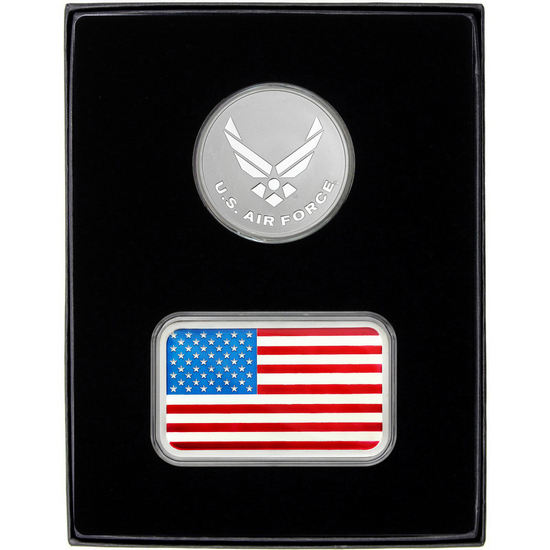 Enameled American Flag 5oz Silver Bar and US Air Force Silver Medallion 2pc Gift Set