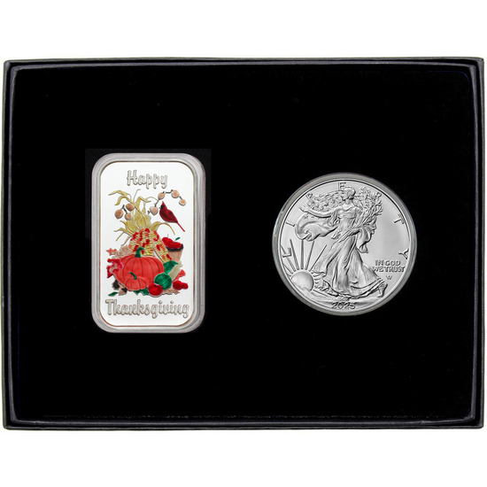 Happy Thanksgiving Harvest Enameled Silver Bar and Silver American Eagle 2pc Gift Set