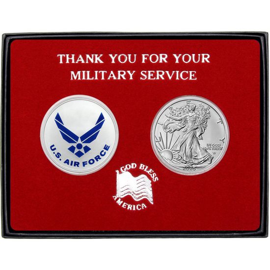Military Service Enameled US Air Force Silver Medallion and Silver American Eagle 2pc Gift Set