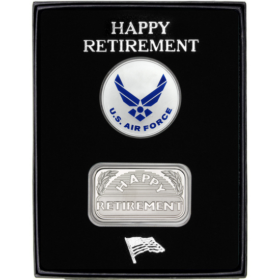 Enameled US Air Force Silver Medallion and Happy Retirement Silver Bar 2pc Gift Set