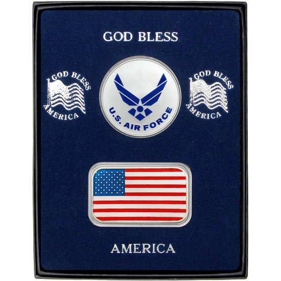Enameled American Flag Silver Bar and Enameled Air Force Silver Medallion 2pc Gift Set