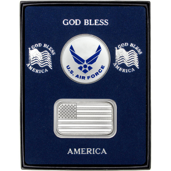 American Flag Silver Bar and Enameled Air Force Silver Medallion 2pc Gift Set