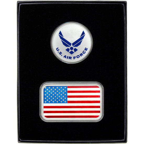 Enameled American Flag 5oz Silver Bar and Enameled US Air Force Silver Medallion 2pc Gift Set