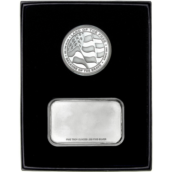 Enameled American Flag 5oz Silver Bar and Enameled US Air Force Silver Medallion 2pc Gift Set Enameled American Flag 5oz Silver Bar and Enameled US Air Force Silver Medallion 2pc Gift Set