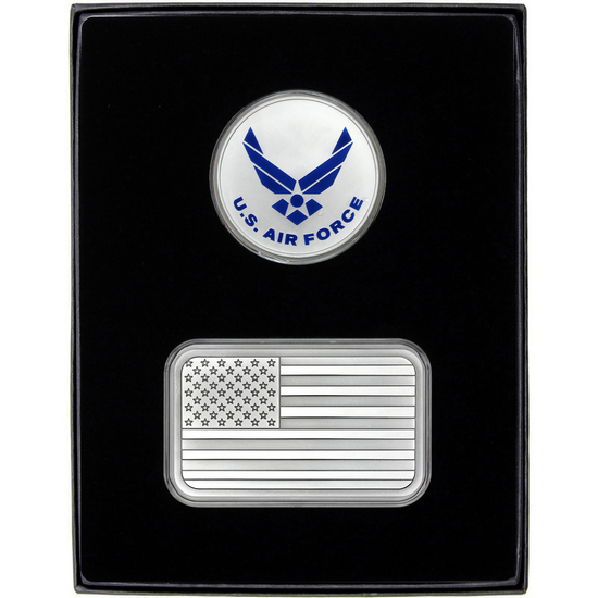 American Flag 5oz Silver Bar and Enameled US Air Force Silver Medallion 2pc Gift Set