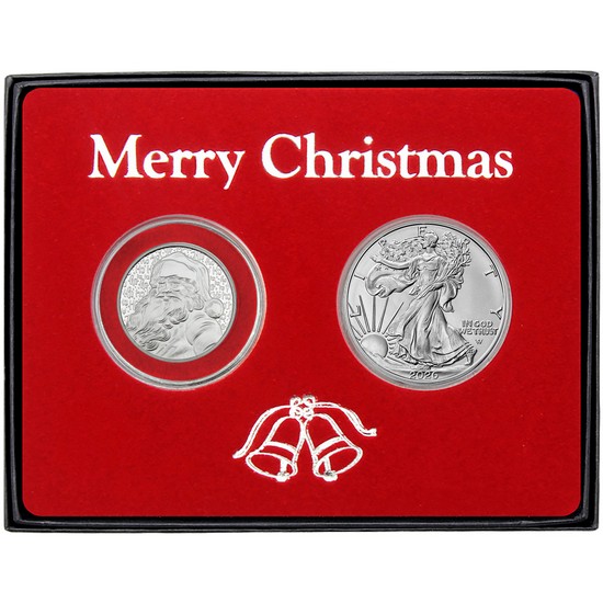 Merry Christmas Ho Ho Ho Santa Claus and Silver American Eagle 2pc Box Gift Set