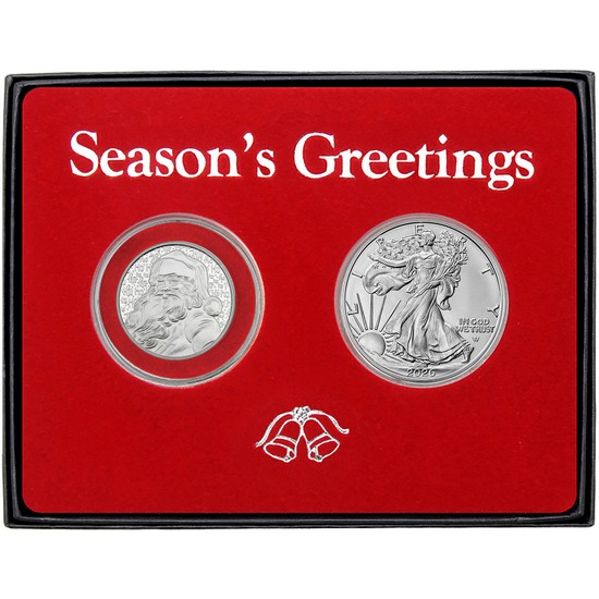 Season's Greetings Ho Ho Ho Santa Claus and Silver American Eagle 2pc Box Gift Set