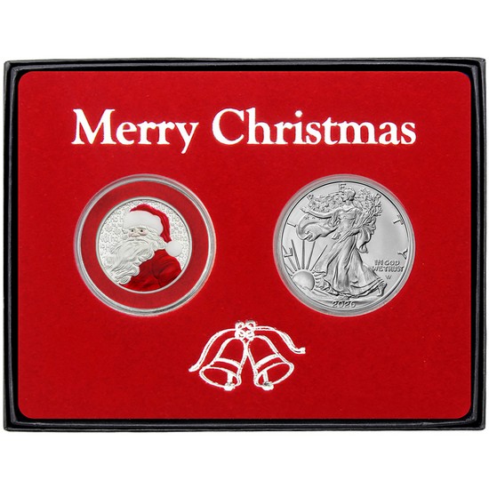 Merry Christmas Ho Ho Ho Santa Claus Enameled and Silver American Eagle 2pc Box Gift Set