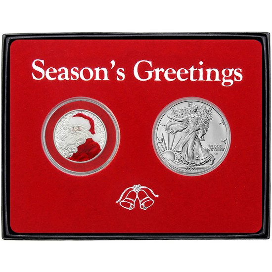 Season’s Greetings Ho Ho Ho Santa Claus Enameled and Silver American Eagle 2pc Box Gift Set