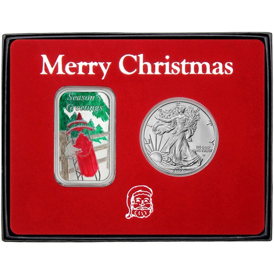 Merry Christmas Winter Sledding Enameled and Silver American Eagle 2pc Box Gift Set