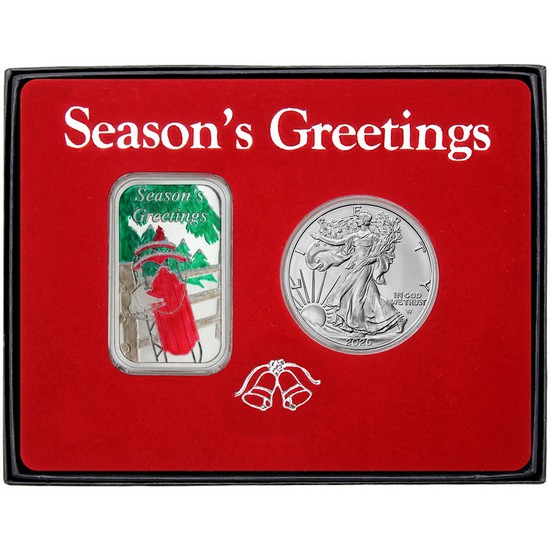 Season’s Greetings Winter Sledding Enameled and Silver American Eagle 2pc Box Gift Set