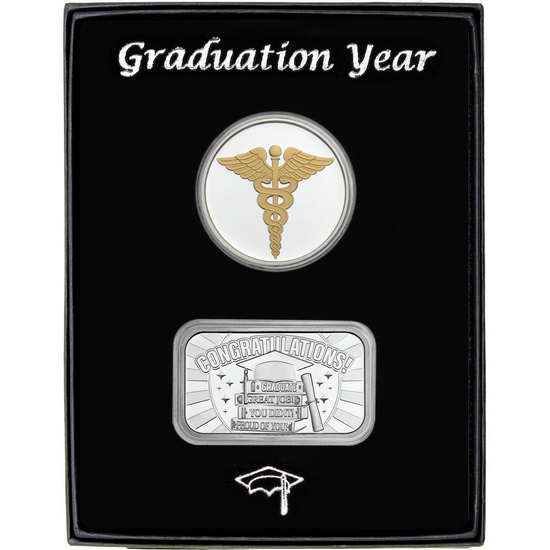 Graduation Year 2026 Silver Bar and Enameled Gold Medical Medallion 2pc Gift Set