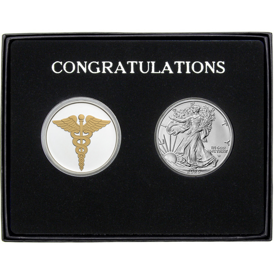 Congratulations Enameled Gold Medical Silver Medallion and Silver American Eagle 2pc Gift Set