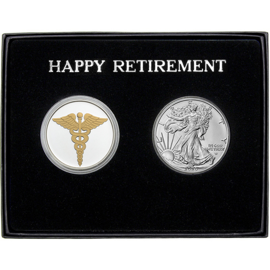 Happy Retirement Enameled Gold Medical Silver Medallion and Silver American Eagle 2pc Gift Set