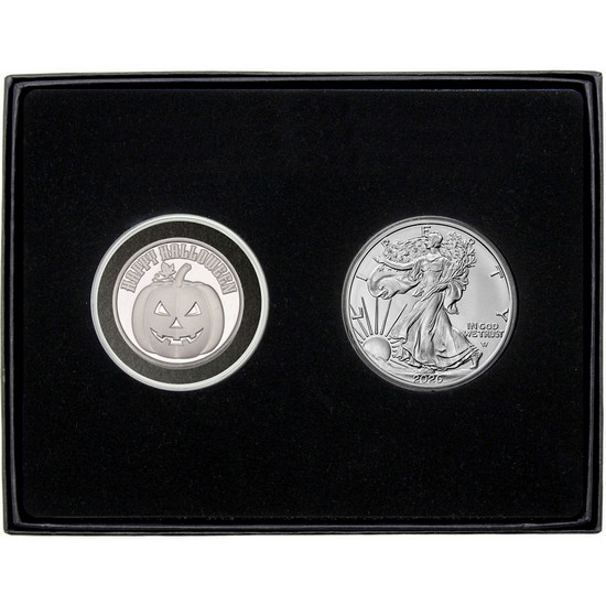 Halloween Pumpkin 1/2oz Medallion and 2026 Silver Eagle 2 Pc Box Set