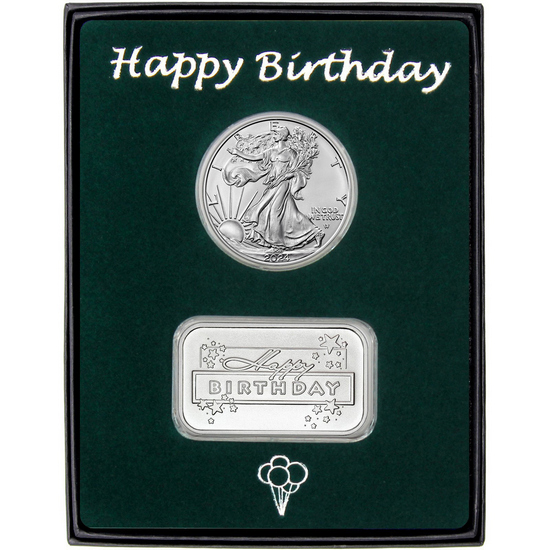 Happy Birthday Stars Silver Bar and Silver American Eagle 2pc Gift Set