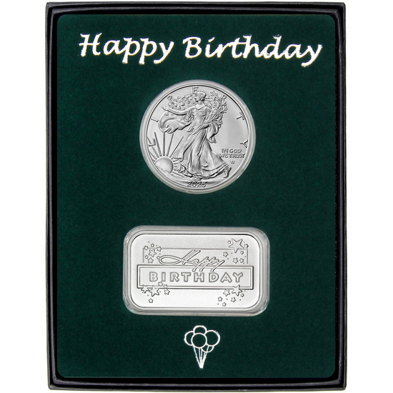 Happy Birthday Stars Silver Bar and Silver American Eagle 2pc Gift Set