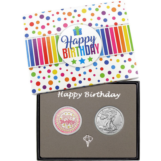 Happy Birthday Stripes Enameled Pink Silver Round and Silver American Eagle Gift Set