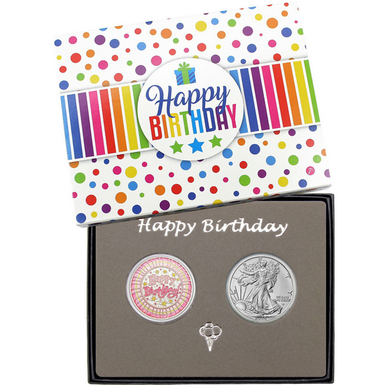 Happy Birthday Stripes Enameled Pink Silver Round and Silver American Eagle Gift Set