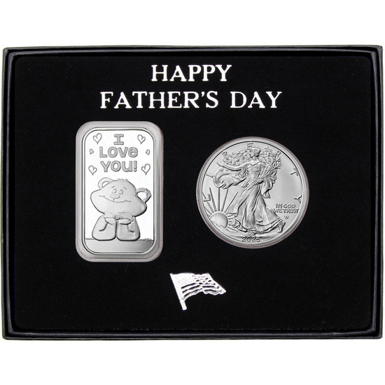 Happy Father's Day I Love You Bear Silver Bar and Silver American Eagle 2pc Gift Set