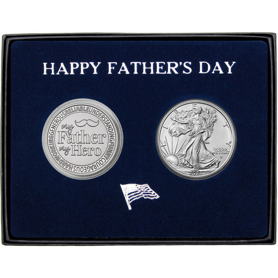 Happy Father's Day My Father My Hero Silver Medallion and Silver American Eagle 2pc Gift Set