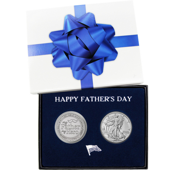 Happy Father's Day My Father My Hero Silver Medallion and Silver American Eagle 2pc Gift Set Happy Father's Day My Father My Hero Silver Medallion and Silver American Eagle 2pc Gift Set