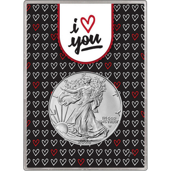 2020 Silver American Eagle BU in I Love You Hearts Gift Holder