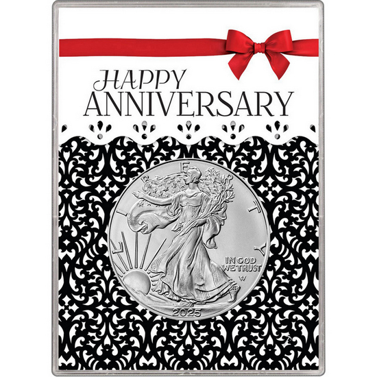 2024 Silver American Eagle BU in Happy Anniversary Red Bow Gift Holder