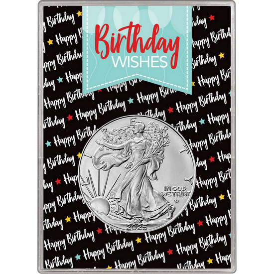 2024 Silver American Eagle BU in Birthday Wishes Balloons Gift Holder