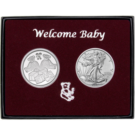 Welcome Baby Twins Silver Medallion and Silver American Eagle 2pc Gift Set